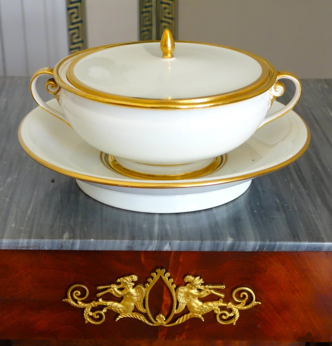 Manufacture Royale De Sèvres 1821: White And Gold Porcelain Bouillon, Vegetable Dish - Signed & Dated-photo-2