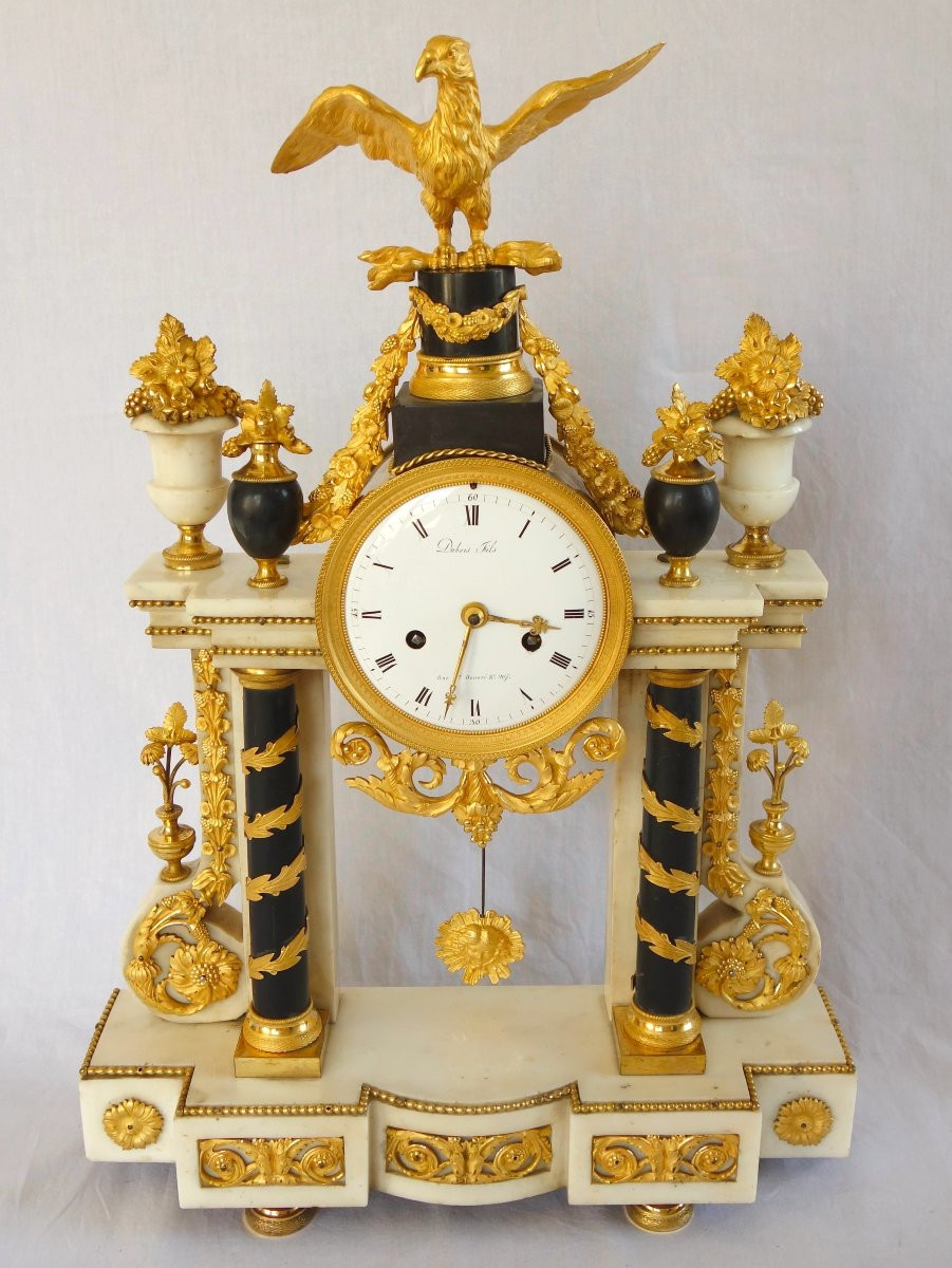 Louis XVI Period Portico Clock In Gilt Bronze With Mercury And Marble - 52cm-photo-2