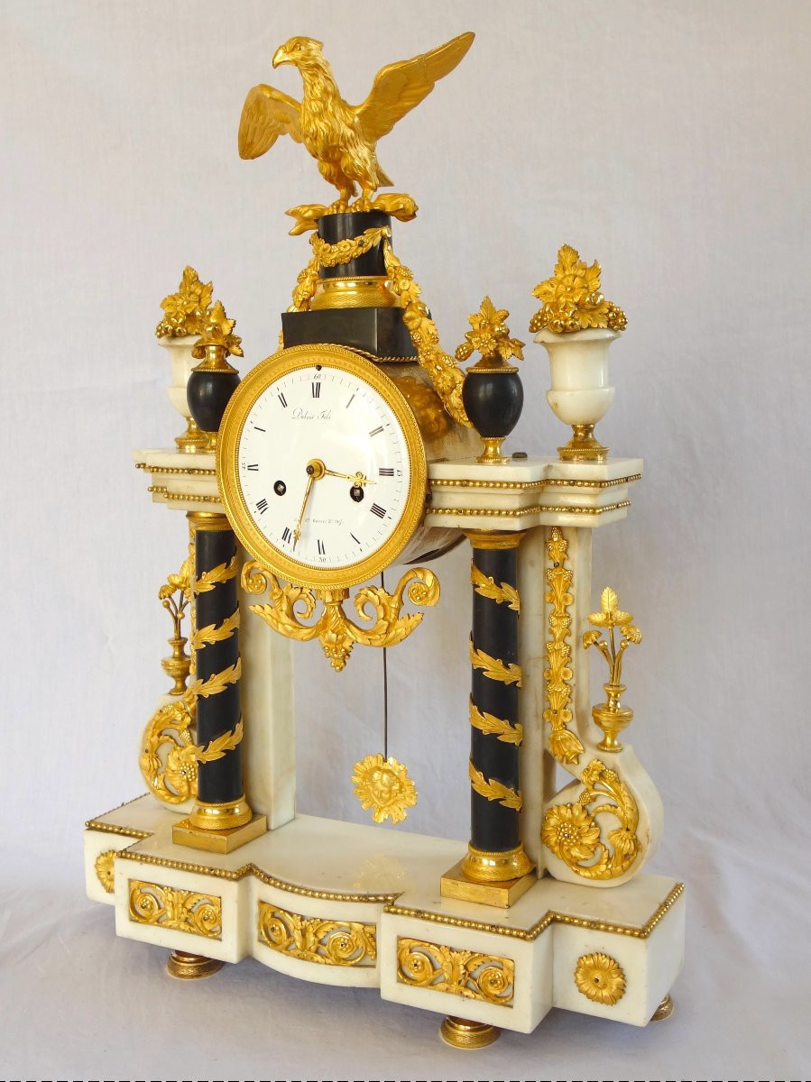 Louis XVI Period Portico Clock In Gilt Bronze With Mercury And Marble - 52cm-photo-3