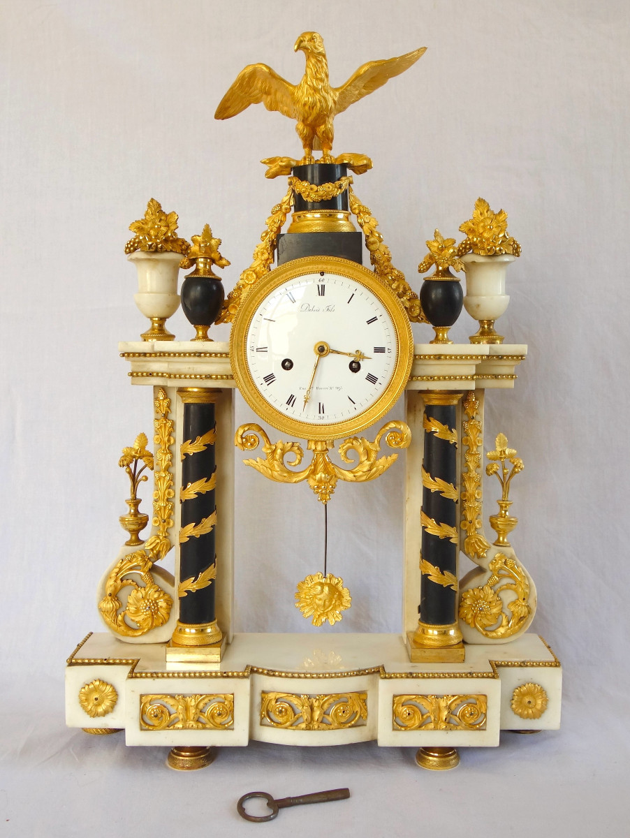 Louis XVI Period Portico Clock In Gilt Bronze With Mercury And Marble - 52cm