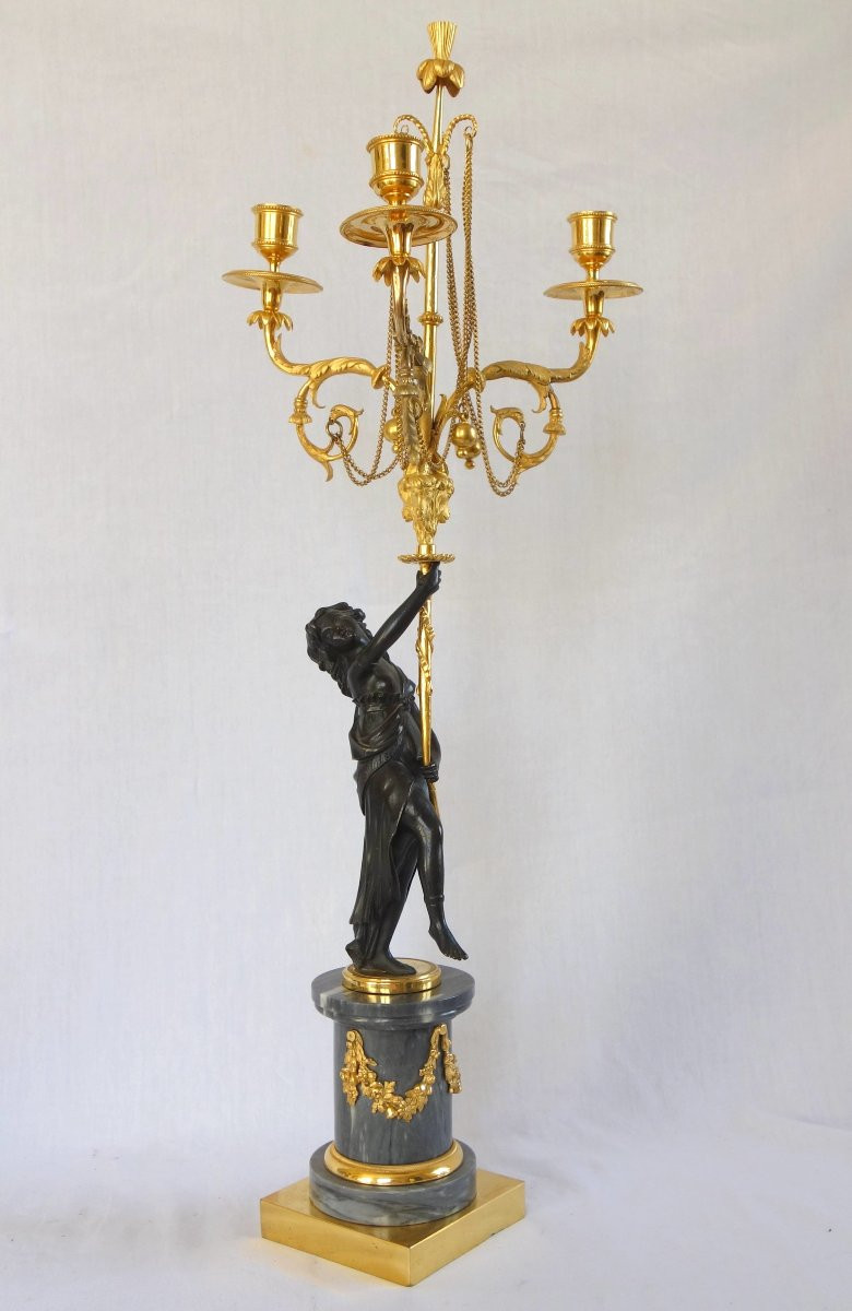 Pair Of Louis XVI Period Candelabra In Blue Turquoise Marble, Chased Bronze & Mercury Gilt-photo-2