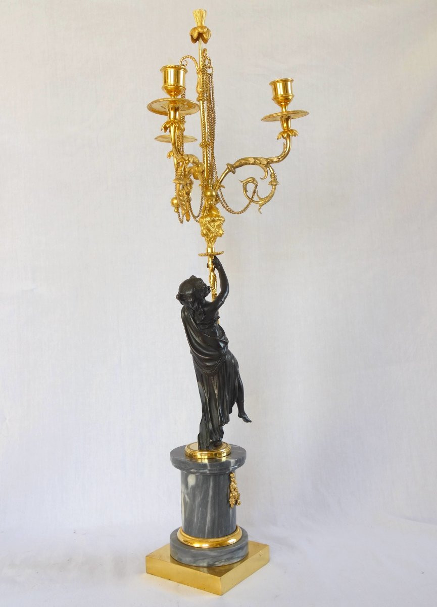 Pair Of Louis XVI Period Candelabra In Blue Turquoise Marble, Chased Bronze & Mercury Gilt-photo-3