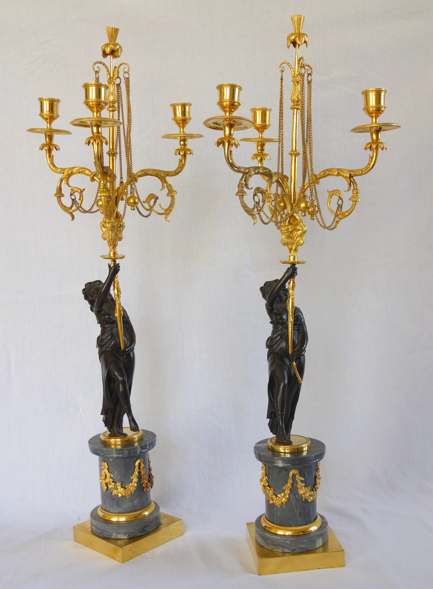 Pair Of Louis XVI Period Candelabra In Blue Turquoise Marble, Chased Bronze & Mercury Gilt