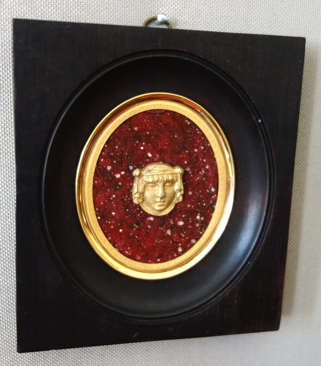 Ravrio: Miniature Portrait Of An Egyptian Woman, Souvenir Of The Grand Tour, Gilt Bronze On Porphyry Base-photo-4