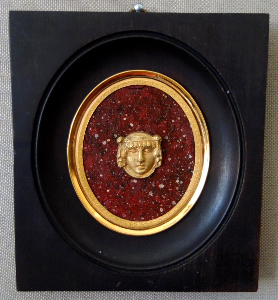 Ravrio: Miniature Portrait Of An Egyptian Woman, Souvenir Of The Grand Tour, Gilt Bronze On Porphyry Base