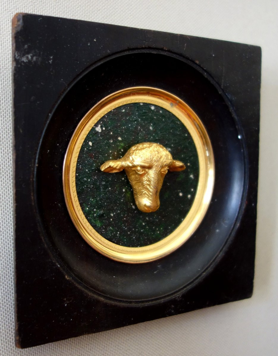 Miniature Lamb's Head, Souvenir Of The Grand Tour, Gilt Bronze On Porphyry Base-photo-2