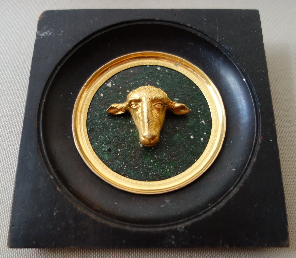 Miniature Lamb's Head, Souvenir Of The Grand Tour, Gilt Bronze On Porphyry Base-photo-3