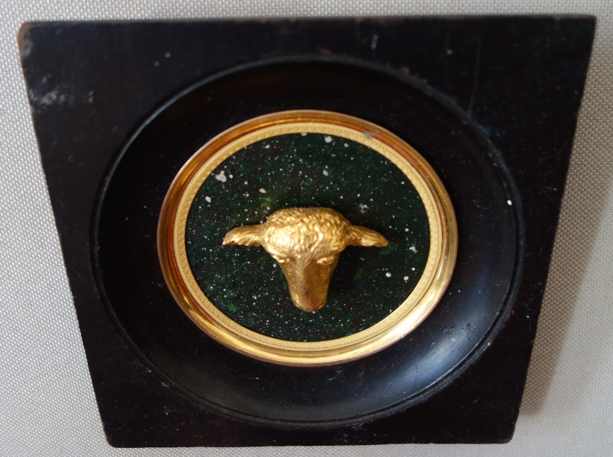 Miniature Lamb's Head, Souvenir Of The Grand Tour, Gilt Bronze On Porphyry Base-photo-4