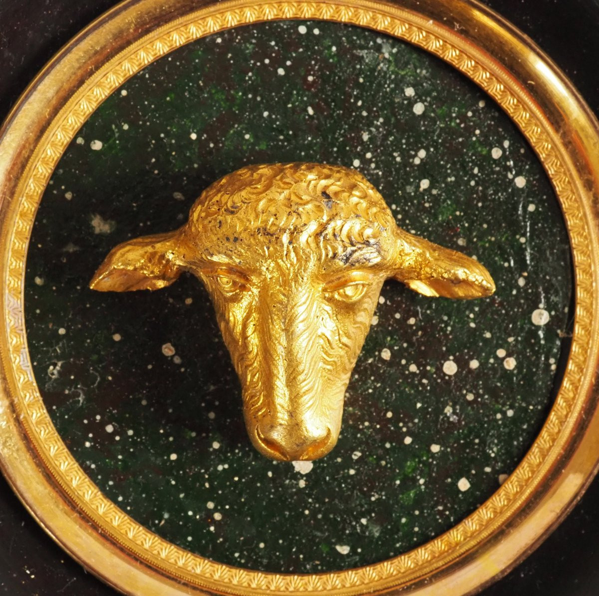Miniature Lamb's Head, Souvenir Of The Grand Tour, Gilt Bronze On Porphyry Base-photo-2