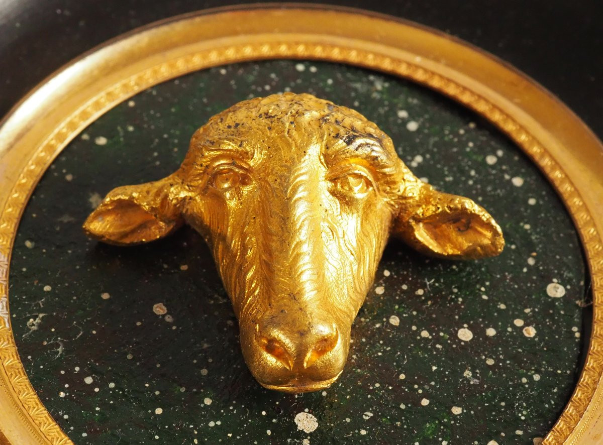 Miniature Lamb's Head, Souvenir Of The Grand Tour, Gilt Bronze On Porphyry Base-photo-4