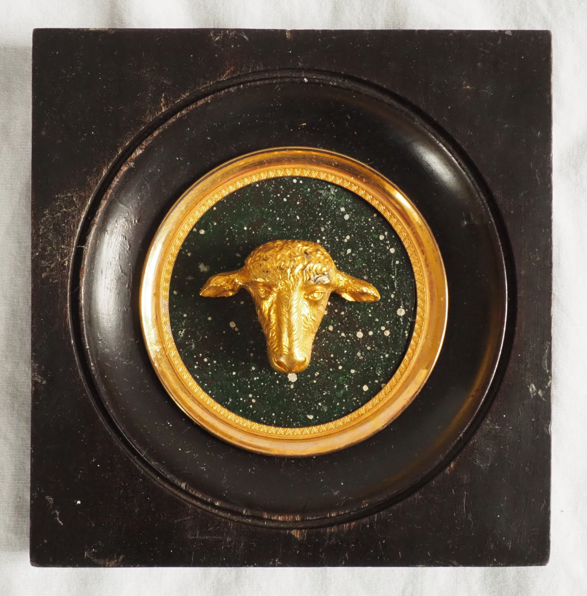 Miniature Lamb's Head, Souvenir Of The Grand Tour, Gilt Bronze On Porphyry Base