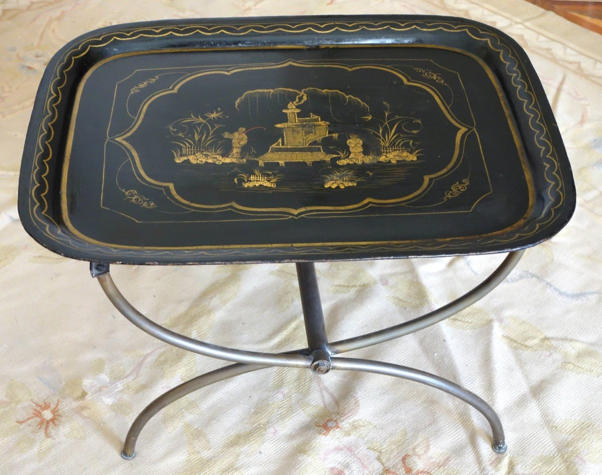 Grand plateau Napoléon III en tôle laquée de chinoiseries, monté table basse Madeleine Castaing-photo-3