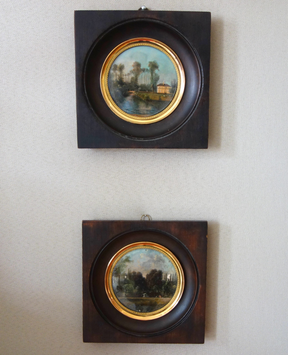 Pair Of Miniatures - Chateau And Its Park - Early 19th Century