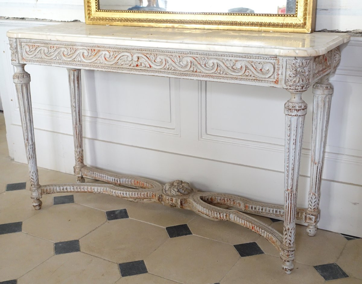 Louis XVI Period Vestibule Console Table, Patinated Wood And Marble-photo-3