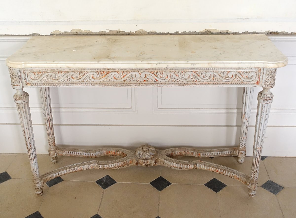 Louis XVI Period Vestibule Console Table, Patinated Wood And Marble-photo-4