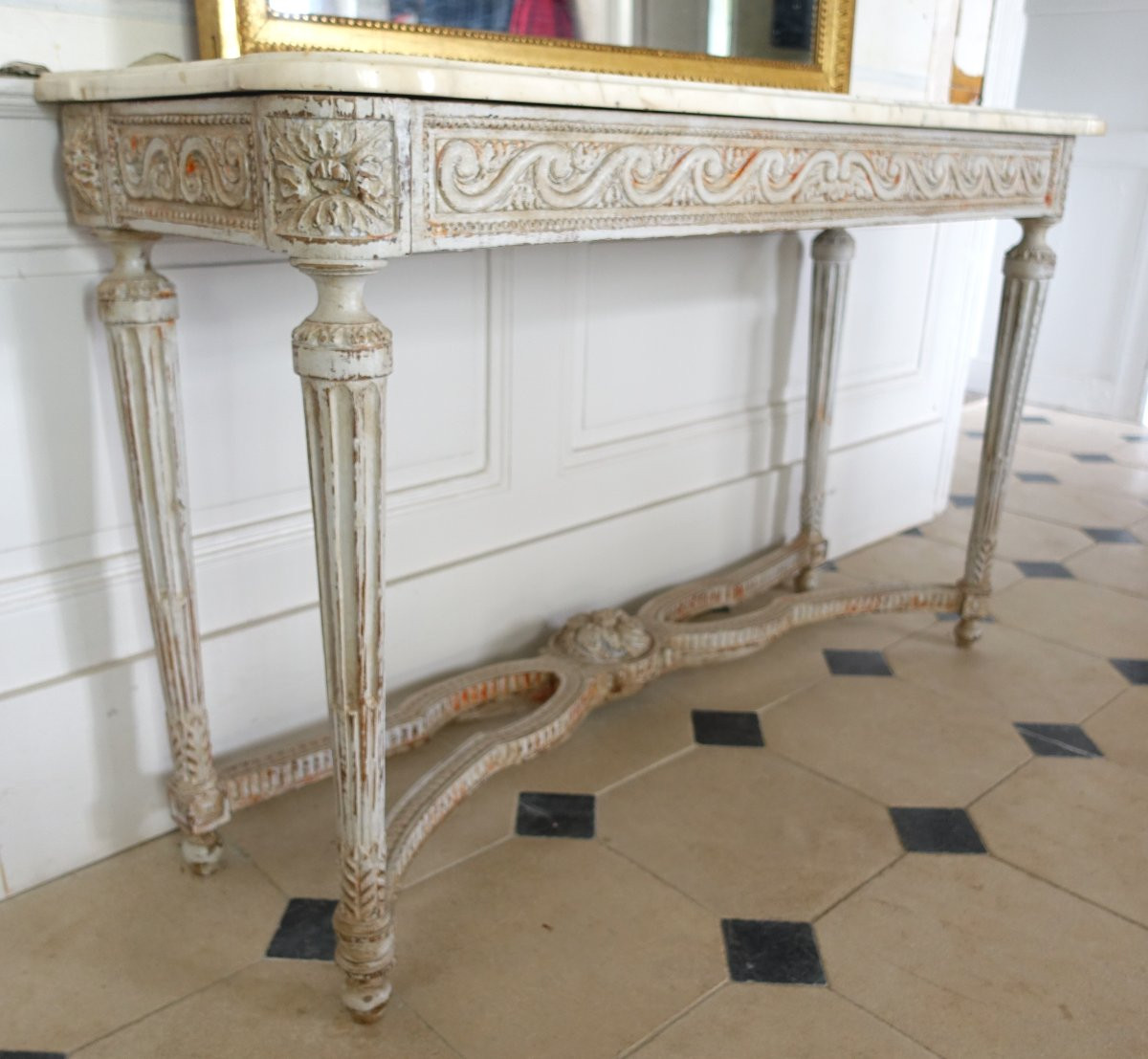 Louis XVI Period Vestibule Console Table, Patinated Wood And Marble-photo-1
