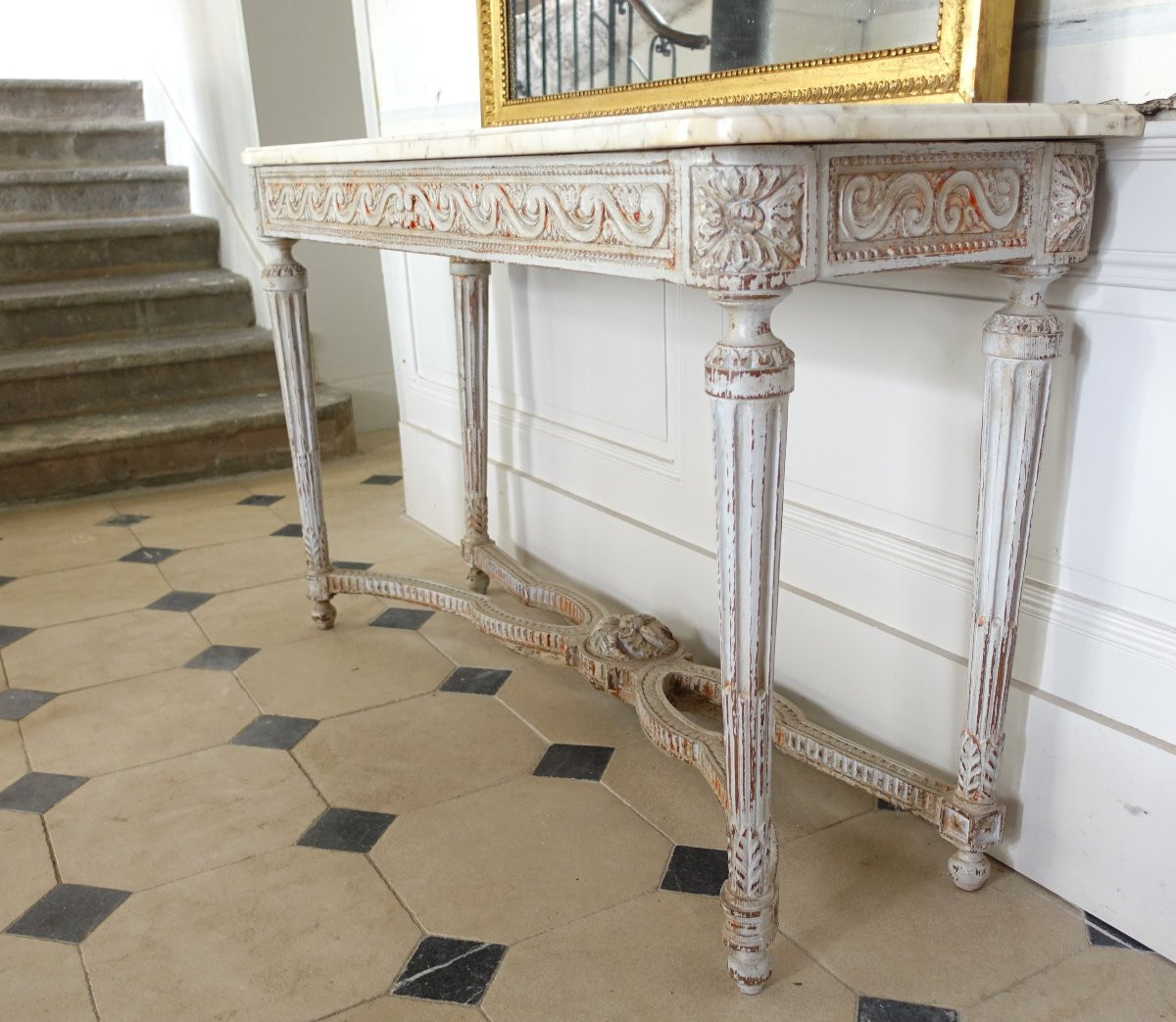 Louis XVI Period Vestibule Console Table, Patinated Wood And Marble-photo-2