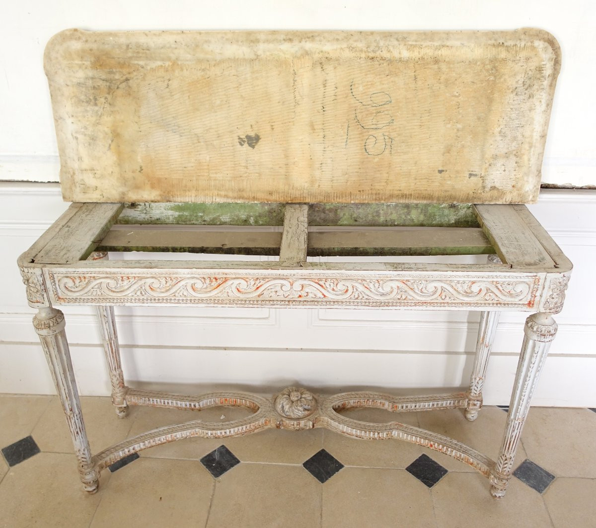 Louis XVI Period Vestibule Console Table, Patinated Wood And Marble-photo-6