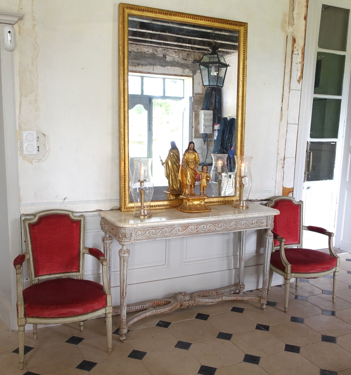 Louis XVI Period Vestibule Console Table, Patinated Wood And Marble-photo-7