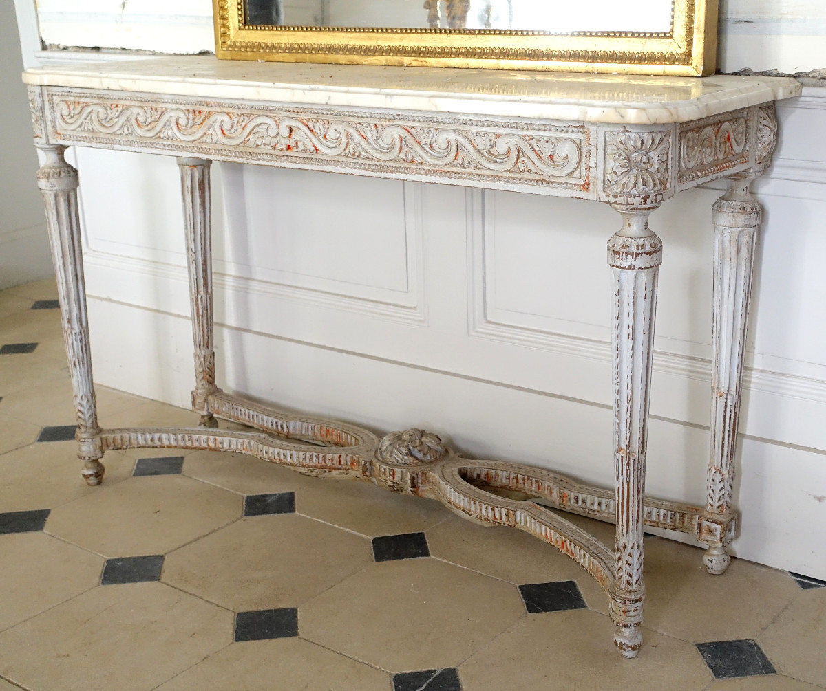 Louis XVI Period Vestibule Console Table, Patinated Wood And Marble