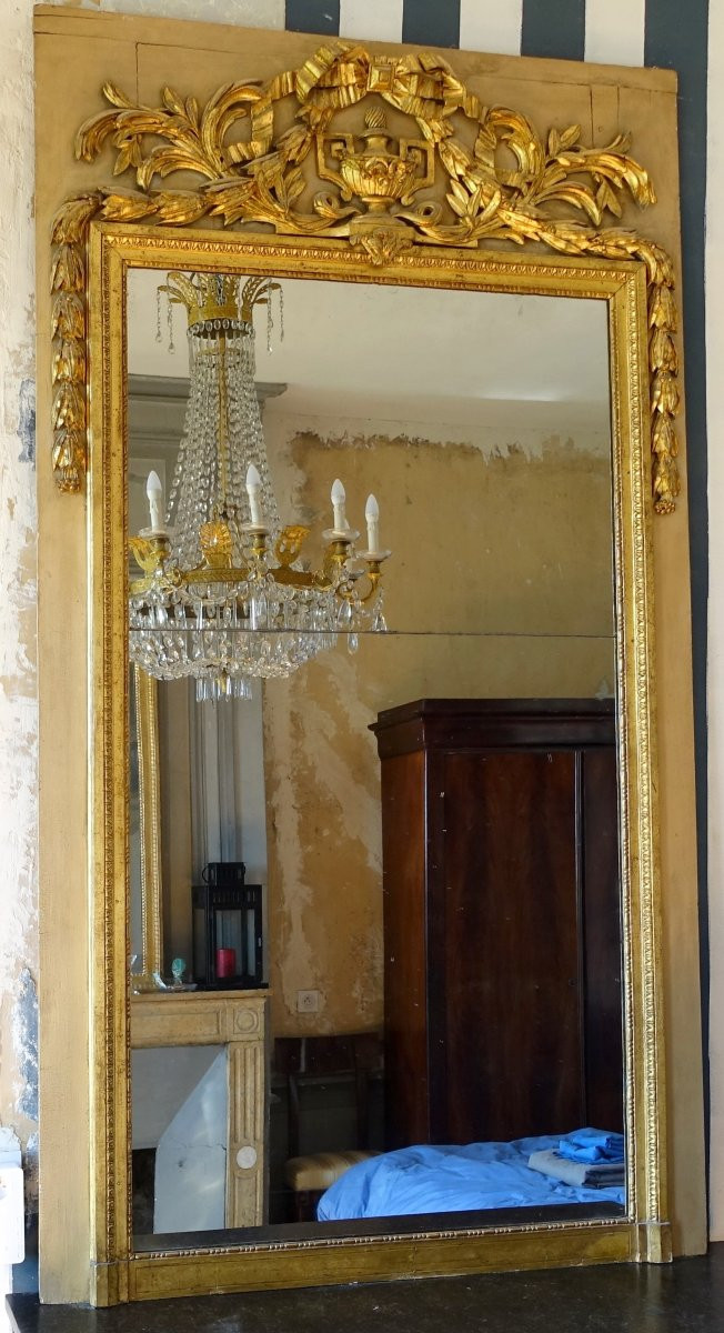   Trumeau, miroir de boiserie d'époque Louis XVI en bois laqué et doré, glace au mercure-photo-2