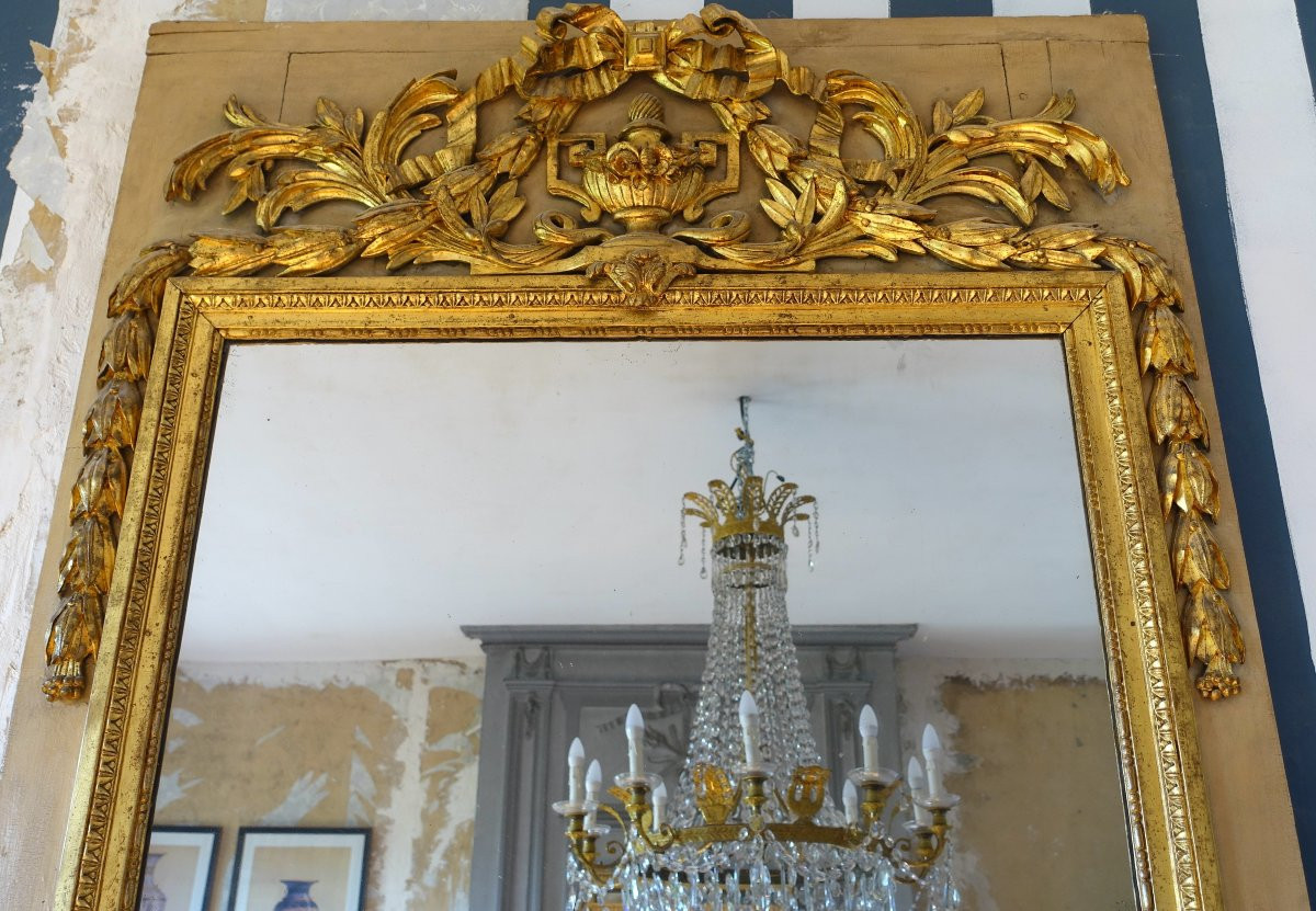   Trumeau, miroir de boiserie d'époque Louis XVI en bois laqué et doré, glace au mercure-photo-3