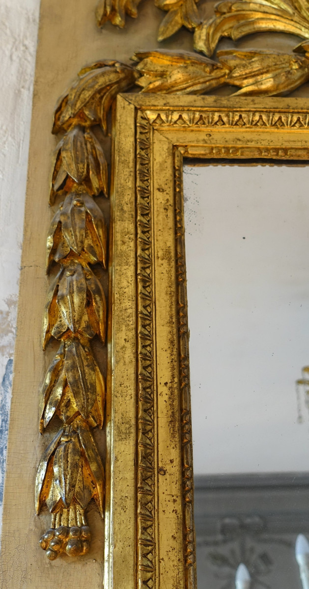   Trumeau, miroir de boiserie d'époque Louis XVI en bois laqué et doré, glace au mercure-photo-1