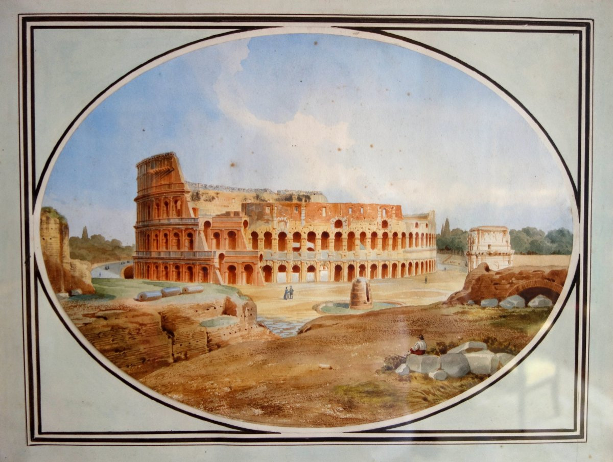 Victor-jean Nicolle - View Of The Collisée In Rome - Watercolor Drawing Late 18th Century-photo-2