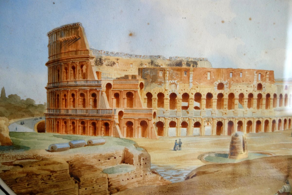 Victor-jean Nicolle - View Of The Collisée In Rome - Watercolor Drawing Late 18th Century-photo-3