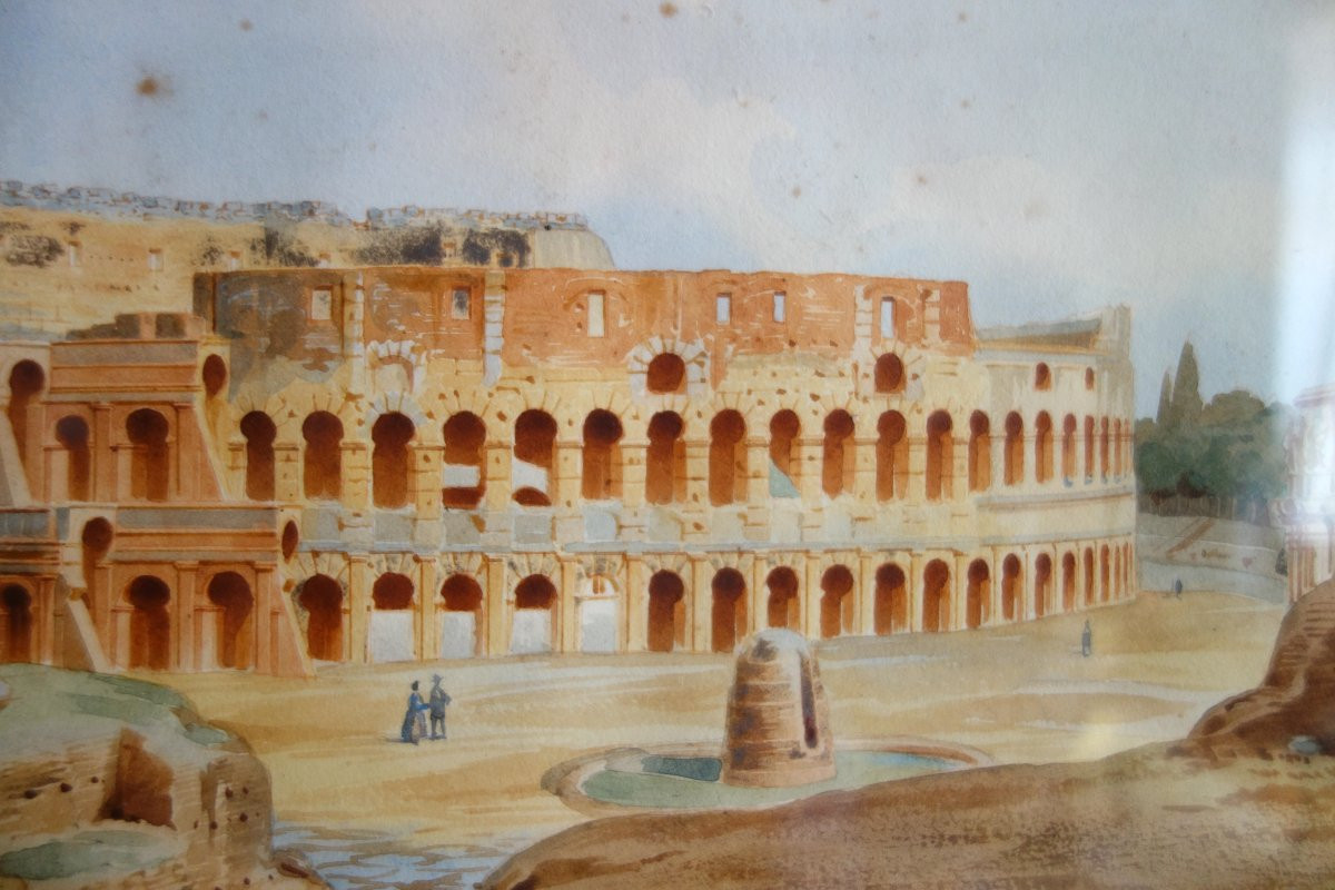 Victor-jean Nicolle - View Of The Collisée In Rome - Watercolor Drawing Late 18th Century-photo-4