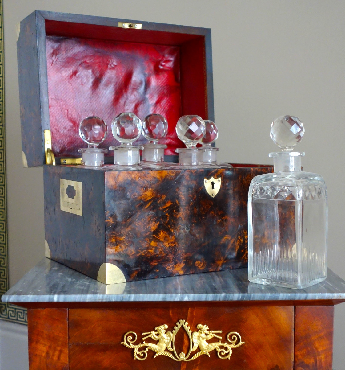 Empire Period Liqueur Cellar In Creusot Crystal And Burl Walnut