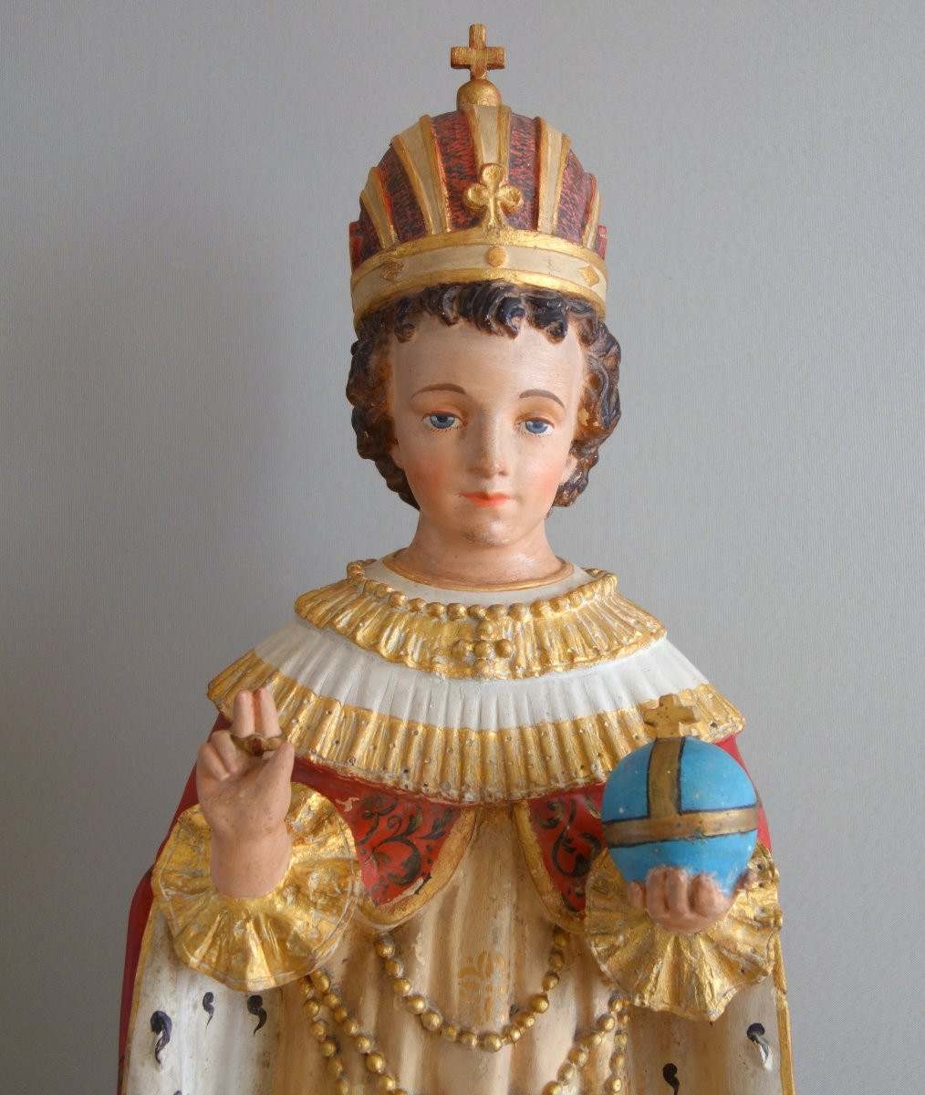Large Devotional Statue Or Chapel: The Infant Jesus Of Prague - Gilded Polychrome Plaster-photo-2
