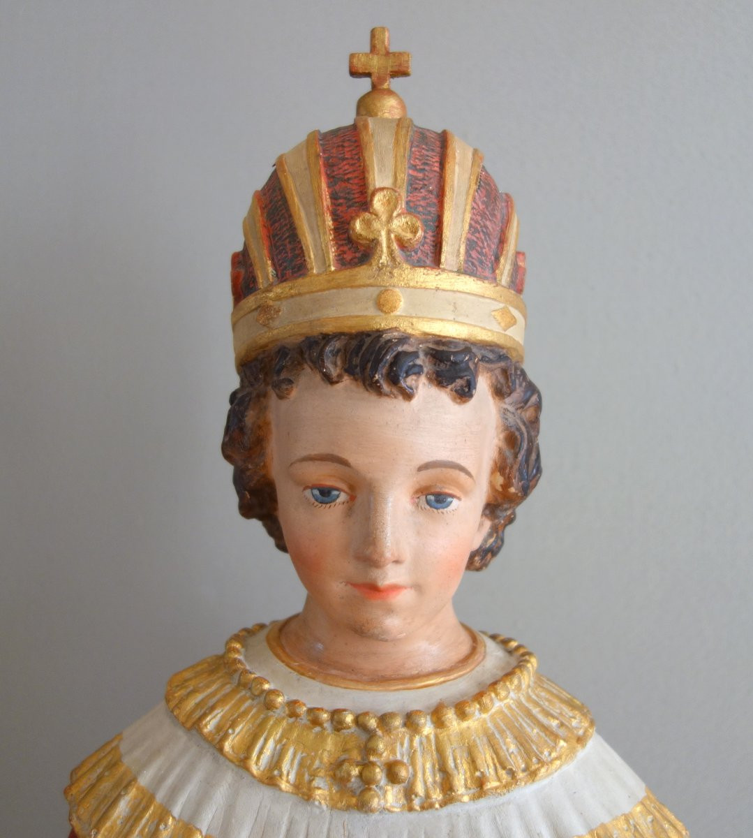 Large Devotional Statue Or Chapel: The Infant Jesus Of Prague - Gilded Polychrome Plaster-photo-3