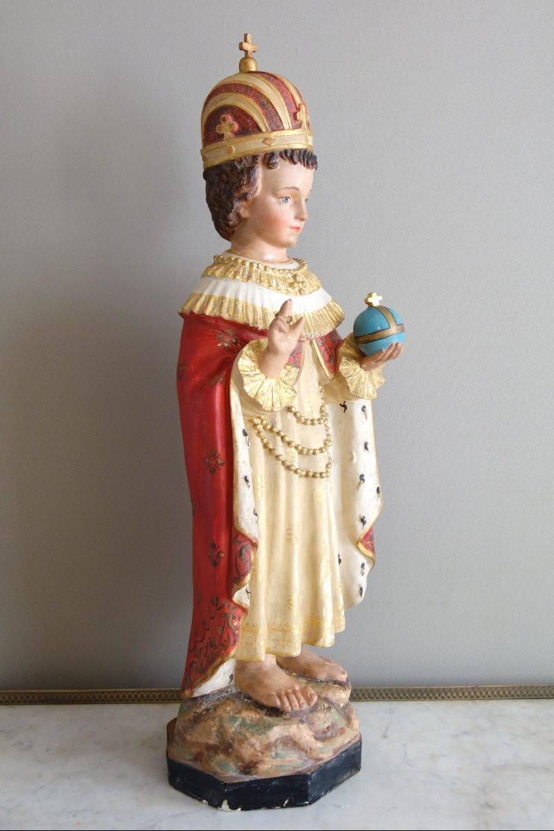 Large Devotional Statue Or Chapel: The Infant Jesus Of Prague - Gilded Polychrome Plaster-photo-7