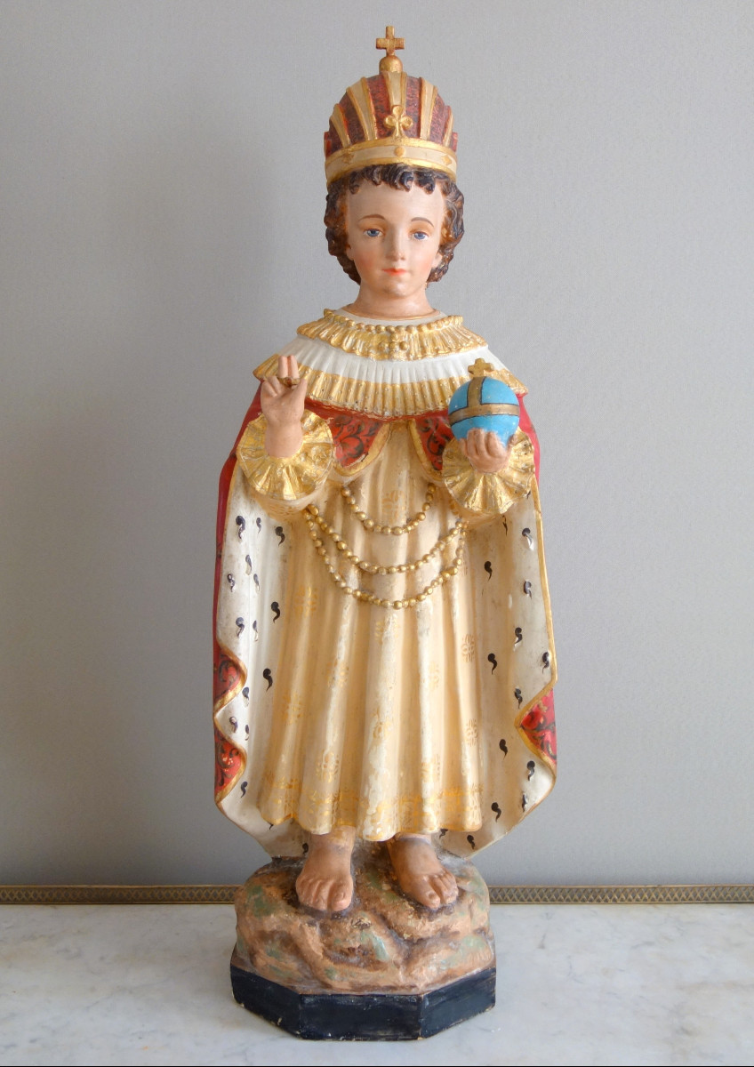 Large Devotional Statue Or Chapel: The Infant Jesus Of Prague - Gilded Polychrome Plaster
