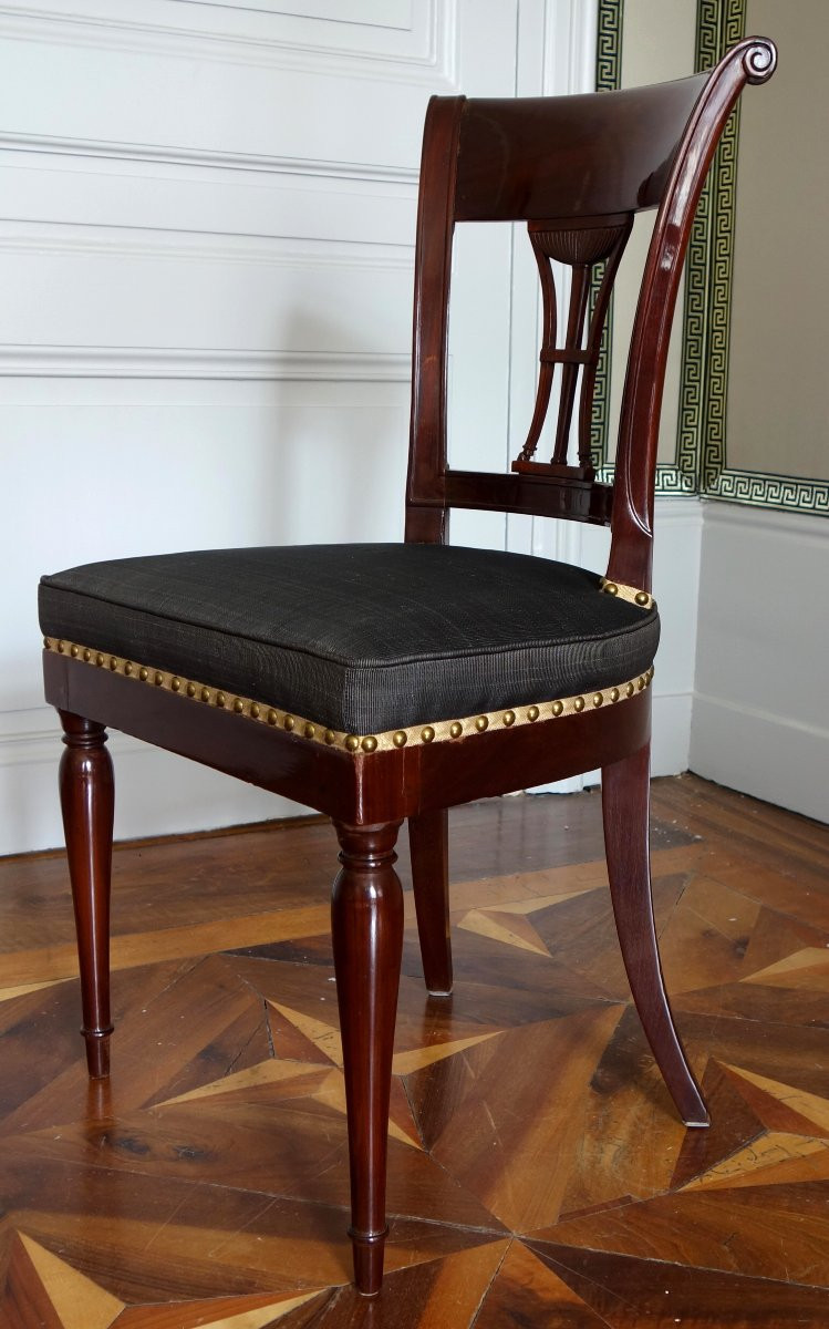 Demay Rue De Clery - Suite Of 4 Directoire Period Chairs Mahogany Molding & Horsehair - Stamped-photo-2