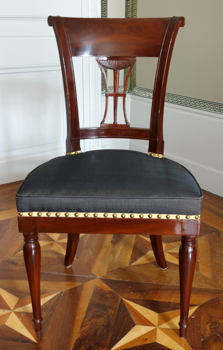 Demay Rue De Clery - Suite Of 4 Directoire Period Chairs Mahogany Molding & Horsehair - Stamped-photo-4