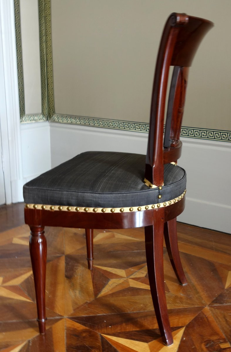 Demay Rue De Clery - Suite Of 4 Directoire Period Chairs Mahogany Molding & Horsehair - Stamped-photo-1