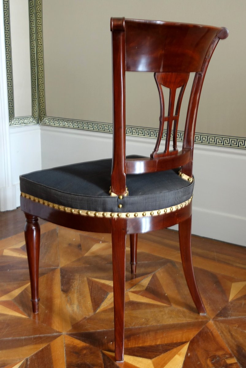 Demay Rue De Clery - Suite Of 4 Directoire Period Chairs Mahogany Molding & Horsehair - Stamped-photo-2