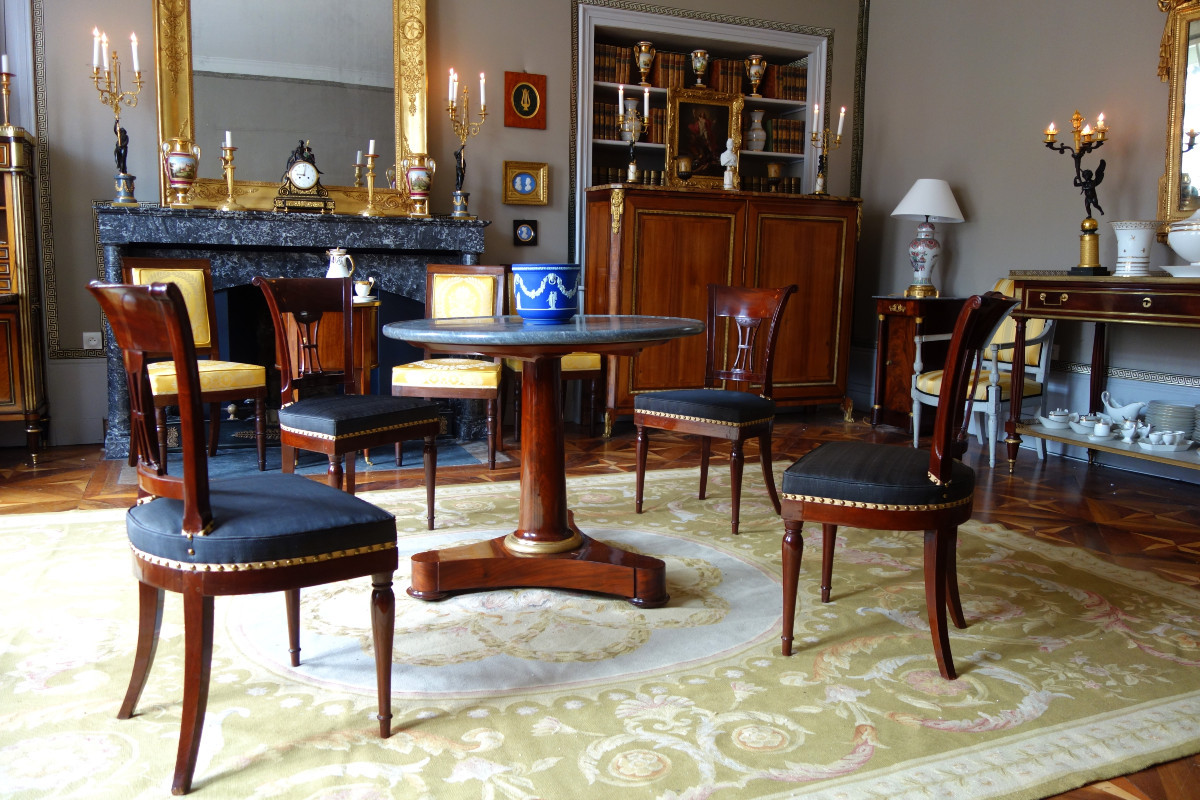 Demay Rue De Clery - Suite Of 4 Directoire Period Chairs Mahogany Molding & Horsehair - Stamped-photo-8