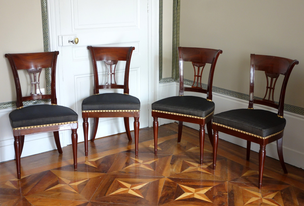 Demay Rue De Clery - Suite Of 4 Directoire Period Chairs Mahogany Molding & Horsehair - Stamped