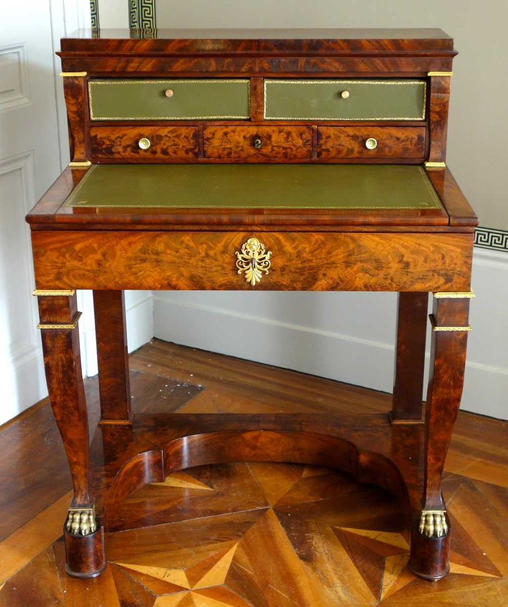 Bureau de milieu table à écrire cartonnier d'époque Empire en acajou et bronze doré-photo-3