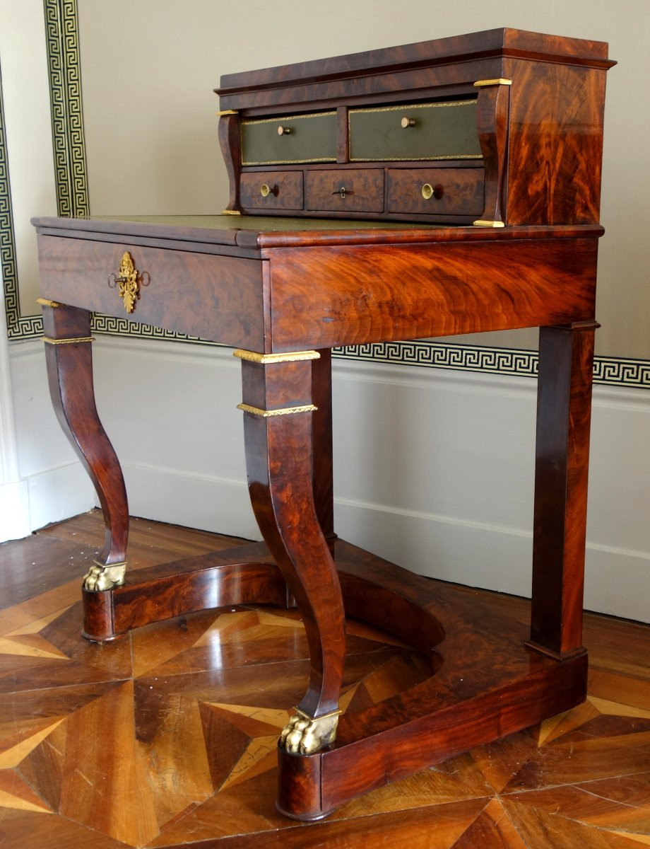 Bureau de milieu table à écrire cartonnier d'époque Empire en acajou et bronze doré-photo-4