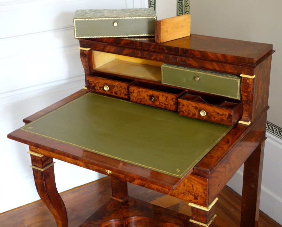 Bureau de milieu table à écrire cartonnier d'époque Empire en acajou et bronze doré-photo-2