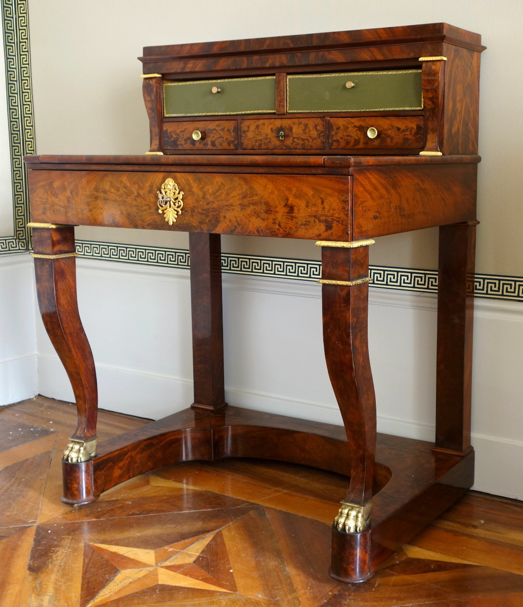 Bureau de milieu table à écrire cartonnier d'époque Empire en acajou et bronze doré