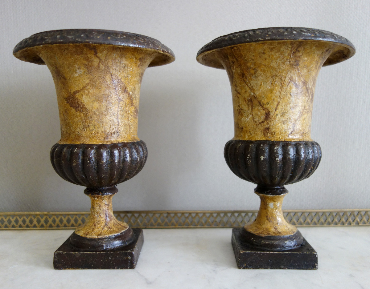 Pair Of Medicis Ornamental Cast Iron Vases Painted In Faux Marble, 19th Century - 19.5cm-photo-2