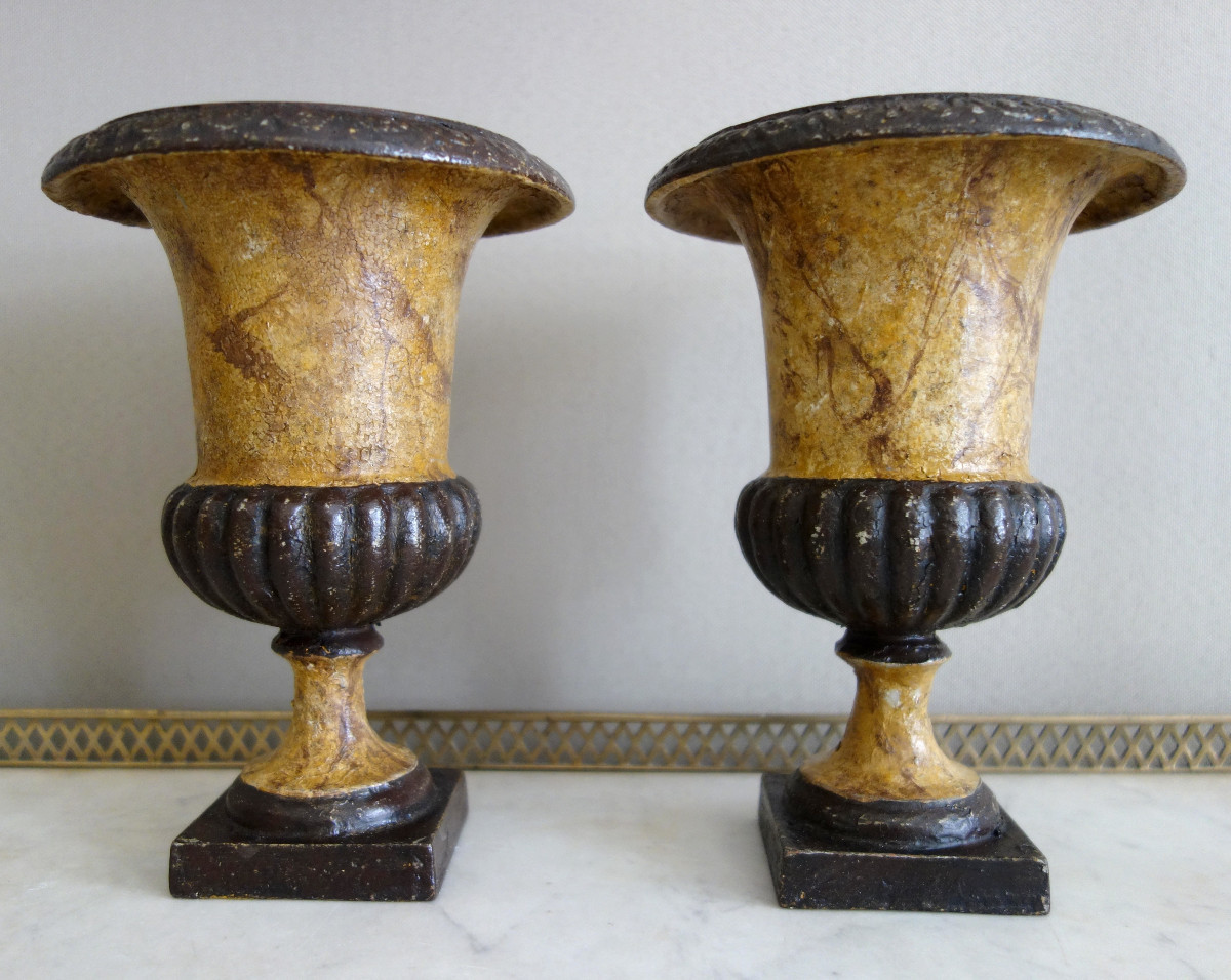 Pair Of Medicis Ornamental Cast Iron Vases Painted In Faux Marble, 19th Century - 19.5cm-photo-1