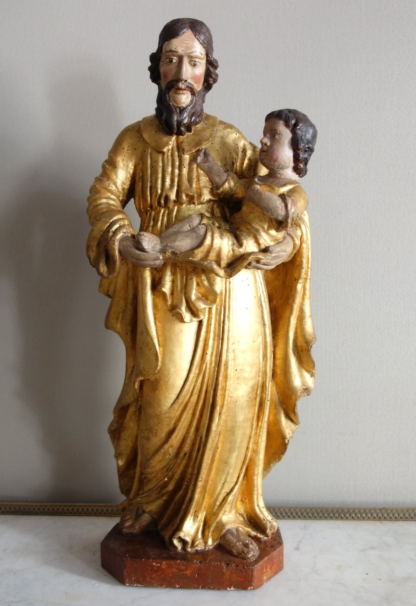 Saint Joseph And The Infant Jesus : Gilded Wood Statue - Alsace 17th Century - 72cm-photo-2