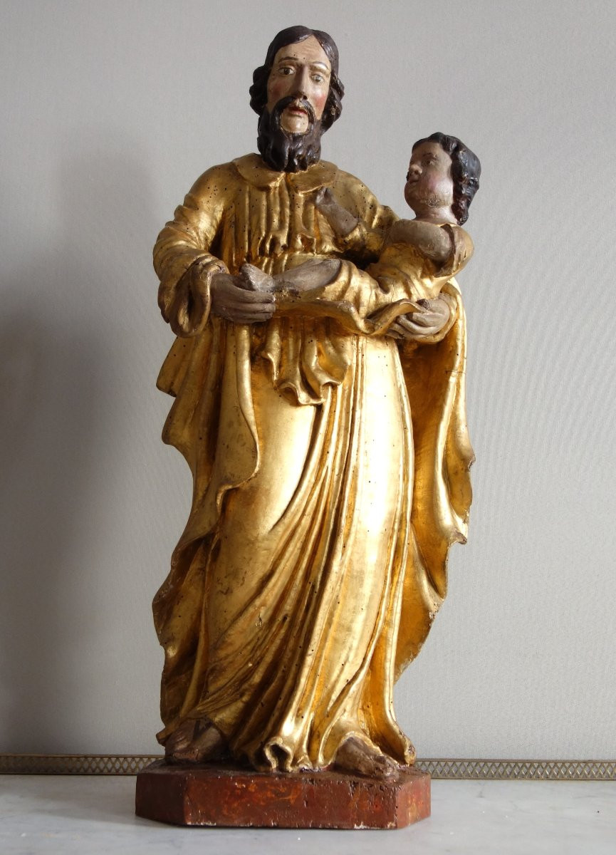 Saint Joseph And The Infant Jesus : Gilded Wood Statue - Alsace 17th Century - 72cm-photo-3