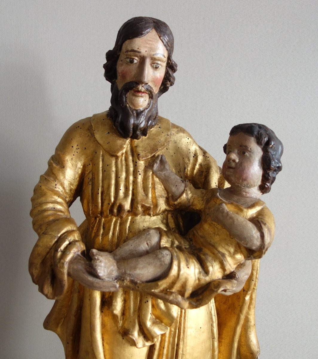 Saint Joseph And The Infant Jesus : Gilded Wood Statue - Alsace 17th Century - 72cm-photo-4